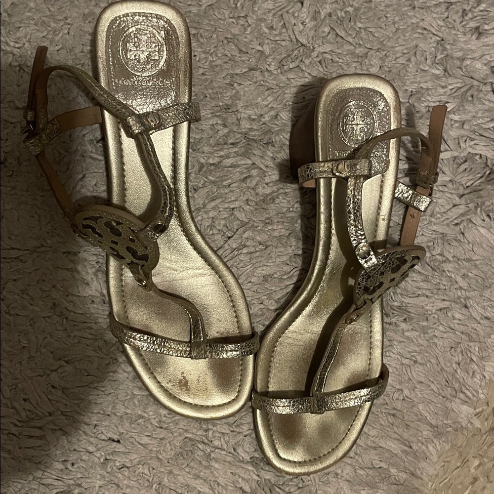 Tory Burch Gold Leather Logo T-Strap Sandals